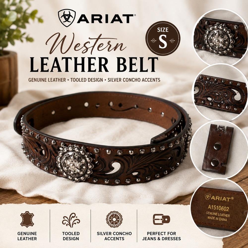 Ariat Womens Brown Tooled Leather Western Belt Silver Concho Studded A1518602 S